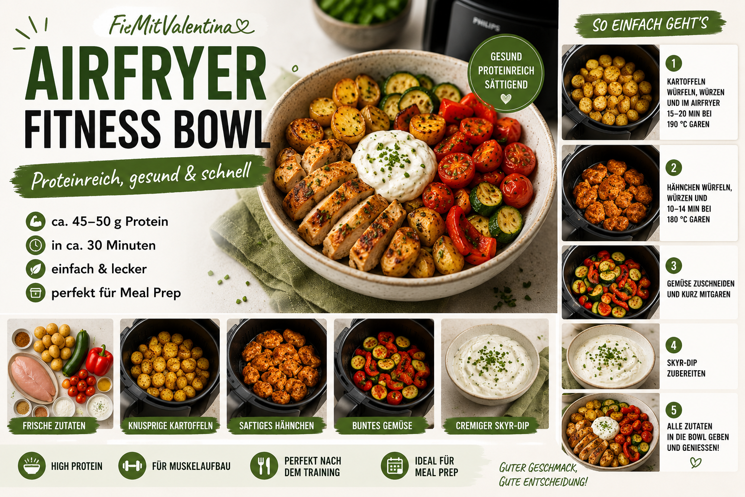 Airfryer Fitness Bowl mit Hähnchen , Kartoffeln und Gemüse